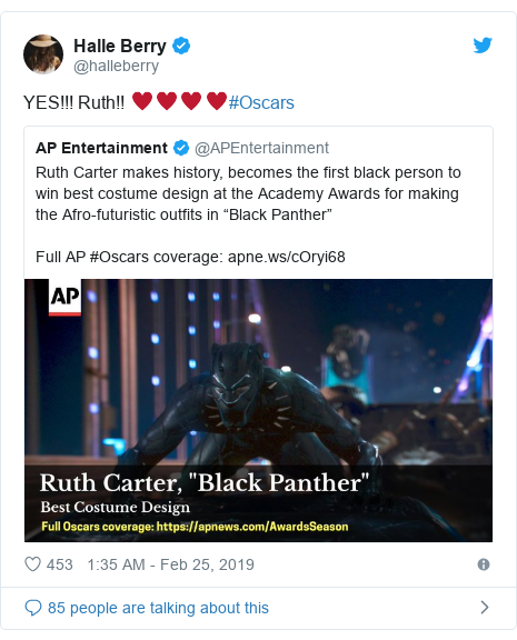 Twitter post by @halleberry: YES!!! Ruth!! ♥️♥️♥️♥️#Oscars 