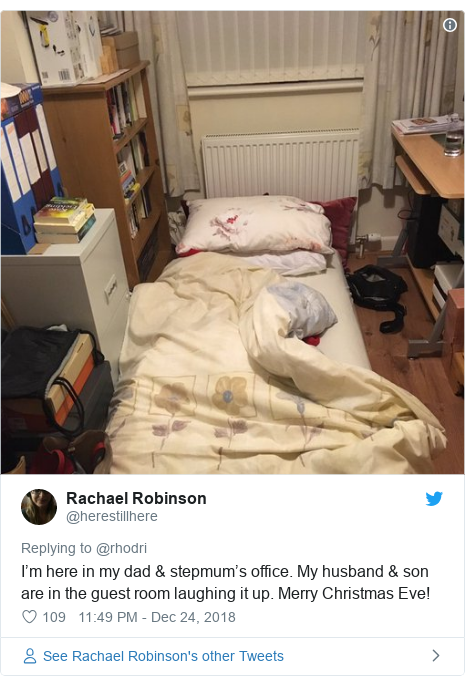 Twitter post by @herestillhere: I’m here in my dad & stepmum’s office. My husband & son are in the guest room laughing it up. Merry Christmas Eve! 