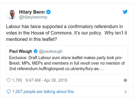 Twitter post by @hilarybennmp: Labour has twice supported a confirmatory referendum in votes in the House of Commons. It’s our policy.  Why isn’t it mentioned in this leaflet? 