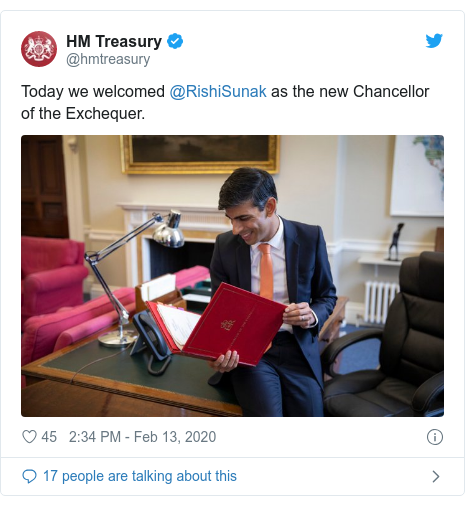 Twitter post by @hmtreasury: Today we welcomed @RishiSunak as the new Chancellor of the Exchequer. 