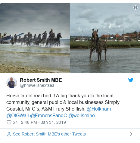 Twitter post by @hmwellsnextsea: Horse target reached !! A big thank you to the local community, general public & local businesses Simply Coastal, Mr C’s, A&M Frary Shellfish, @Holkham @OtGWall @FrenchsFandC @wellsmine 