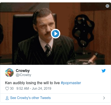 Twitter post by @iCrowby: Ken audibly losing the will to live #popmaster 