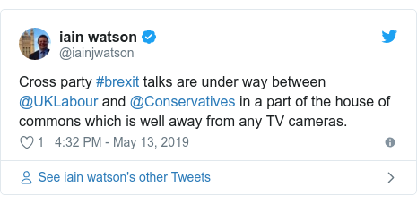 Twitter post by @iainjwatson: Cross party #brexit talks are under way between @UKLabour and @Conservatives in a part of the house of commons which is well away from any TV cameras.