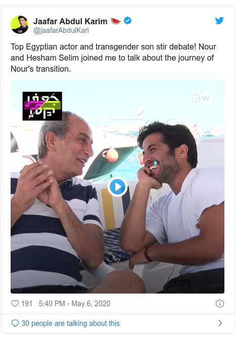 Twitter post by @jaafarAbdulKari: Top Egyptian actor and transgender son stir debate! Nour and Hesham Selim joined me to talk about the journey of Nour's transition. 