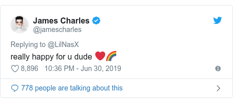 Twitter post by @jamescharles: really happy for u dude ❤️🌈