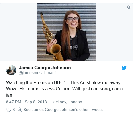 Пост в Твиттере от @ jamesmosaicman1: просмотр променадов на BBC1. Этот артист сдул меня. Вот это да. Ее зовут Джесс Гиллам. Только с одной песней, я фанат.