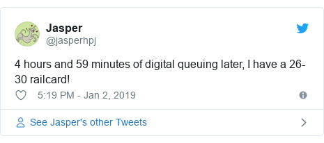 Twitter post by @jasperhpj: 4 hours and 59 minutes of digital queuing later, I have a 26-30 railcard!