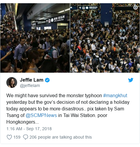 Twitter post by @jeffielam: We might have survived the monster typhoon #mangkhut yesterday but the gov’s decision of not declaring a holiday today appears to be more disastrous.. pix taken by Sam Tsang of @SCMPNews in Tai Wai Station. poor Hongkongers... 