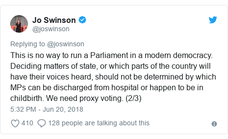 Twitter post by @joswinson: This is no way to run a Parliament in a modern democracy. Deciding matters of state, or which parts of the country will have their voices heard, should not be determined by which MPs can be discharged from hospital or happen to be in childbirth. We need proxy voting. (2/3)