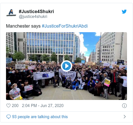 Twitter post by @justice4shukri: Manchester says #JusticeForShukriAbdi 