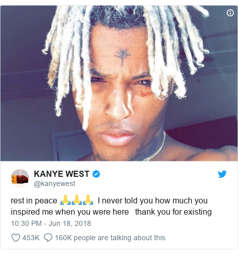 Twitter post by @kanyewest: rest in peace 🙏🙏🙏  I never told you how much you inspired me when you were here   thank you for existing 
