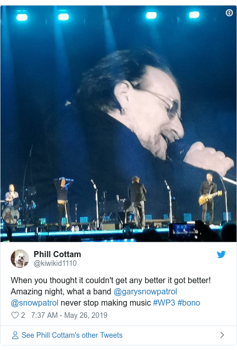 Twitter post by @kiwikid1110: When you thought it couldn't get any better it got better! Amazing night, what a band @garysnowpatrol @snowpatrol never stop making music #WP3 #bono 