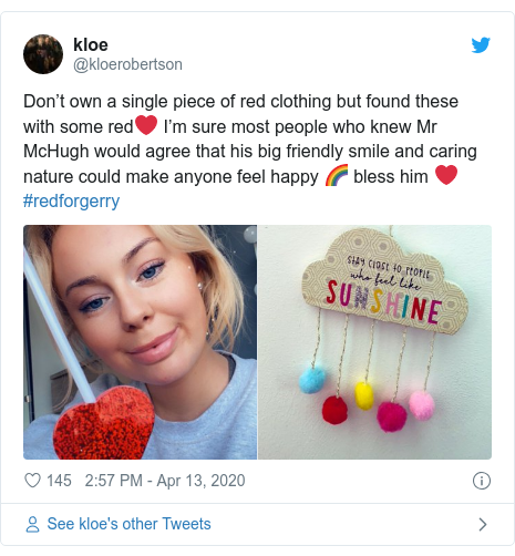 Twitter post by @kloerobertson: Don’t own a single piece of red clothing but found these with some red❤️ I’m sure most people who knew Mr McHugh would agree that his big friendly smile and caring nature could make anyone feel happy 🌈 bless him ❤️ #redforgerry 