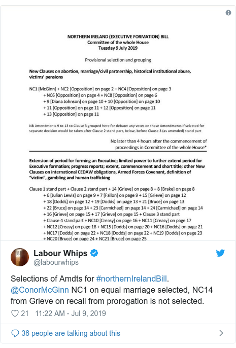 Twitter post by @labourwhips: Selections of Amdts for #northernIrelandBill. @ConorMcGinn NC1 on equal marriage selected, NC14 from Grieve on recall from prorogation is not selected. 