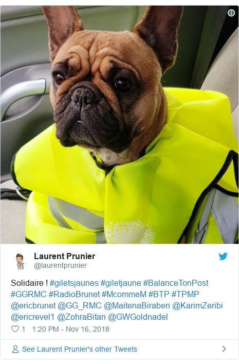 Twitter post by @laurentprunier: Solidaire ! #giletsjaunes #giletjaune #BalanceTonPost #GGRMC #RadioBrunet #McommeM #BTP #TPMP @ericbrunet @GG_RMC @MaitenaBiraben @KarimZeribi @ericrevel1 @ZohraBitan @GWGoldnadel 