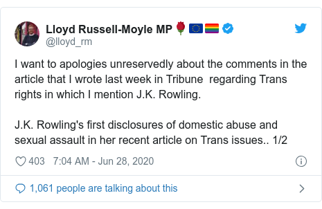 Twitter post by @lloyd_rm: I want to apologies unreservedly about the comments in the article that I wrote last week in Tribune  regarding Trans rights in which I mention J.K. Rowling. J.K. Rowling's first disclosures of domestic abuse and sexual assault in her recent article on Trans issues.. 1/2
