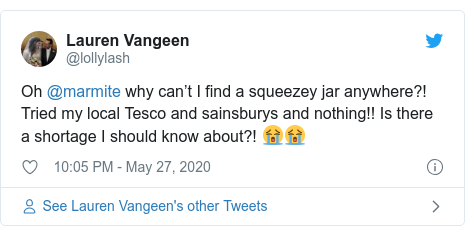 Twitter post by @lollylash: Oh @marmite why can’t I find a squeezey jar anywhere?! Tried my local Tesco and sainsburys and nothing!! Is there a shortage I should know about?! 😭😭