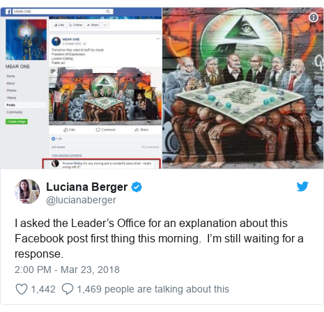 Twitter post by @lucianaberger: I asked the Leader’s Office for an explanation about this Facebook post first thing this morning.  I’m still waiting for a response. 