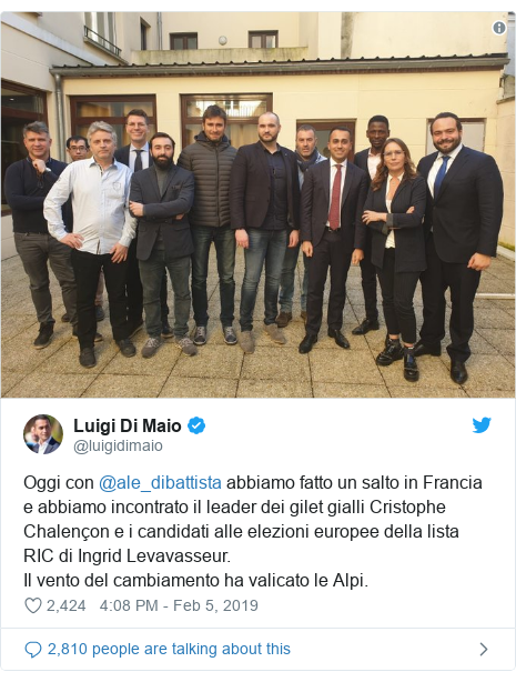 Twitter post by @luigidimaio: Oggi con @ale_dibattista abbiamo fatto un salto in Francia e abbiamo incontrato il leader dei gilet gialli Cristophe Chalençon e i candidati alle elezioni europee della lista RIC di Ingrid Levavasseur.Il vento del cambiamento ha valicato le Alpi. 