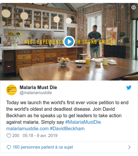 Twitter publication par @malariamustdie: Today we launch the world's first ever voice petition to end the world's oldest and deadliest disease. Join David Beckham as he speaks up to get leaders to take action against malaria. Simply say #MalariaMustDie  #DavidBeckham 