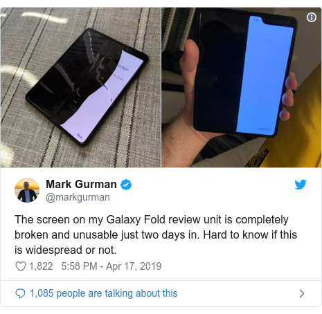 Twitter post by @markgurman: The screen on my Galaxy Fold review unit is completely broken and unusable just two days in. Hard to know if this is widespread or not. 