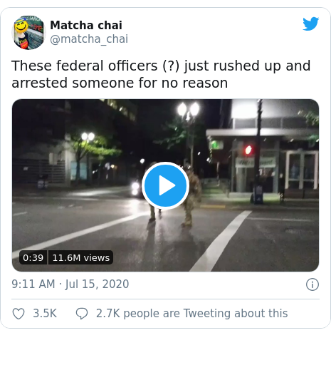 Twitter post by @matcha_chai: These federal officers (?) just rushed up and arrested someone for no reason 