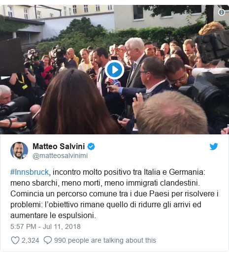 Twitter post by @matteosalvinimi: #Innsbruck, incontro molto positivo tra Italia e Germania  meno sbarchi, meno morti, meno immigrati clandestini.Comincia un percorso comune tra i due Paesi per risolvere i problemi  l’obiettivo rimane quello di ridurre gli arrivi ed aumentare le espulsioni. 