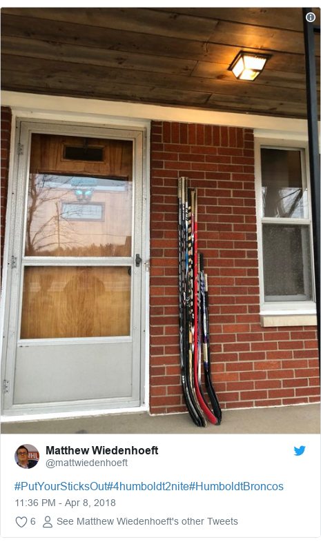 Twitter post by @mattwiedenhoeft: #PutYourSticksOut#4humboldt2nite#HumboldtBroncos 