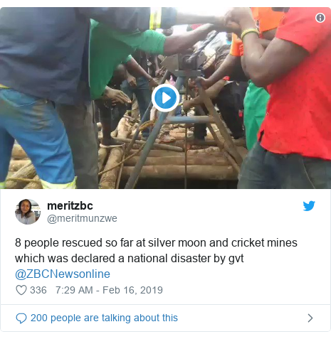 Twitter post by @meritmunzwe: 8 people rescued so far at silver moon and cricket mines which was declared a national disaster by gvt @ZBCNewsonline 