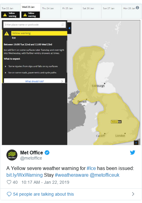 Twitter post by @metoffice: A Yellow severe weather warning for #Ice has been issued   Stay #weatheraware @metofficeuk 