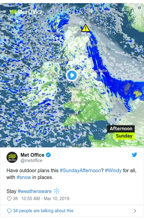 Twitter post by @metoffice: Have outdoor plans this #SundayAfternoon? #Windy for all, with #snow in places.Stay #weatheraware ❄️ 