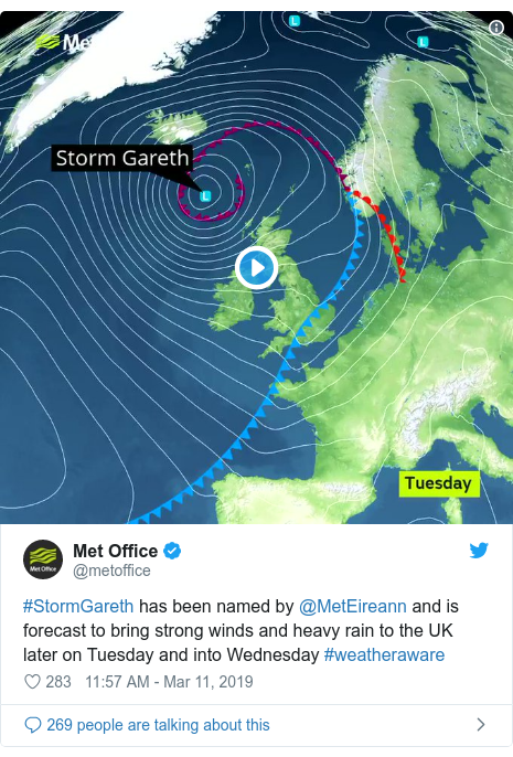 Twitter post by @metoffice: #StormGareth has been named by @MetEireann and is forecast to bring strong winds and heavy rain to the UK later on Tuesday and into Wednesday #weatheraware 