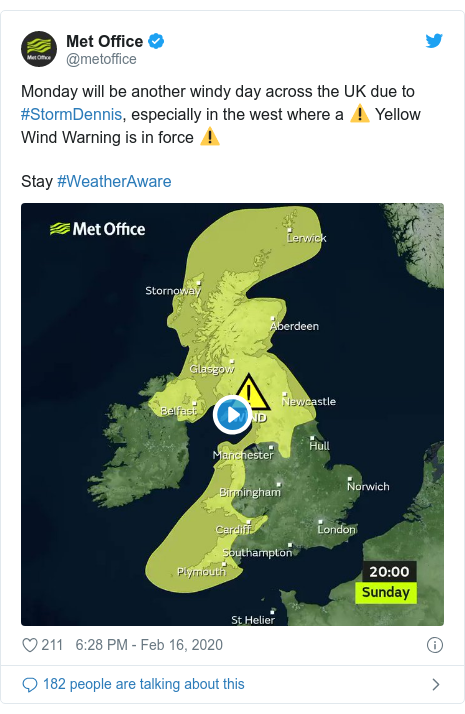 Twitter post by @metoffice: Monday will be another windy day across the UK due to #StormDennis, especially in the west where a ⚠️ Yellow Wind Warning is in force ⚠️Stay #WeatherAware 