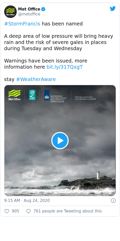 Twitter post by @metoffice: #StormFrancis has been named A deep area of low pressure will bring heavy rain and the risk of severe gales in places during Tuesday and WednesdayWarnings have been issued, more information here  stay #WeatherAware 