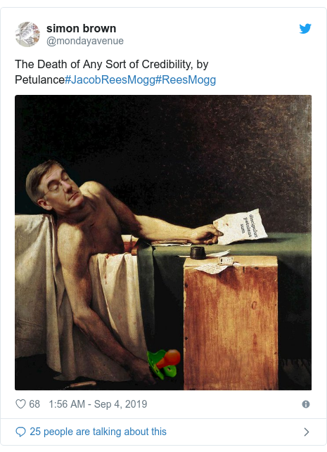 Twitter post by @mondayavenue: The Death of Any Sort of Credibility, by Petulance#JacobReesMogg#ReesMogg 