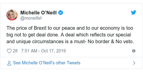 Twitter post by @moneillsf: The price of Brexit to our peace and to our economy is too big not to get deal done. A deal which reflects our special and unique circumstances is a must- No border & No veto.