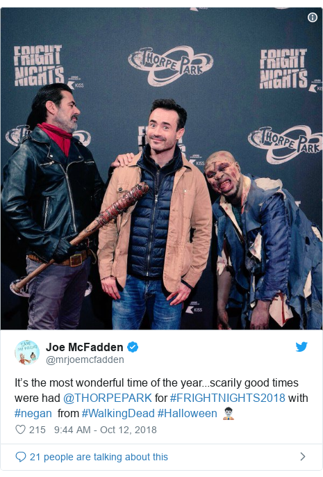Twitter post by @mrjoemcfadden: It’s the most wonderful time of the year...scarily good times were had @THORPEPARK for #FRIGHTNIGHTS2018 with #negan  from #WalkingDead #Halloween 🧟‍♂️ 