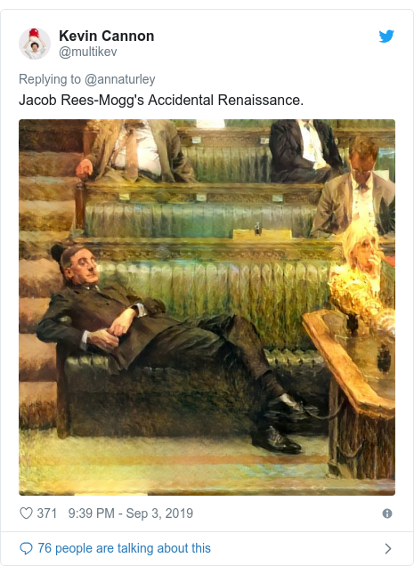 Twitter post by @multikev: Jacob Rees-Mogg's Accidental Renaissance. 