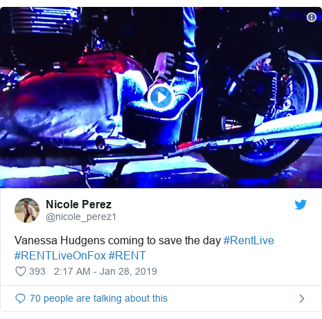 Twitter post by @nicole_perez1: Vanessa Hudgens coming to save the day #RentLive #RENTLiveOnFox #RENT 