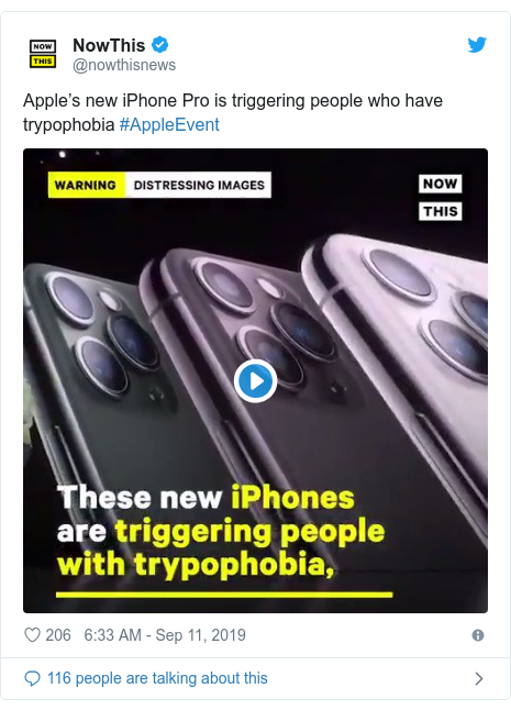 Twitter post by @nowthisnews: Apple’s new iPhone Pro is triggering people who have trypophobia #AppleEvent 