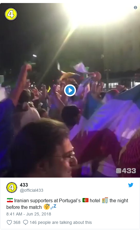 Twitter post by @official433: 🇮🇷 Iranian supporters at Portugal’s 🇵🇹 hotel 🏨 the night before the match 😴💤 