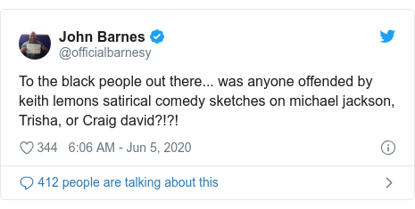 Twitter post by @officialbarnesy: To the black people out there... was anyone offended by keith lemons satirical comedy sketches on michael jackson, Trisha, or Craig david?!?!