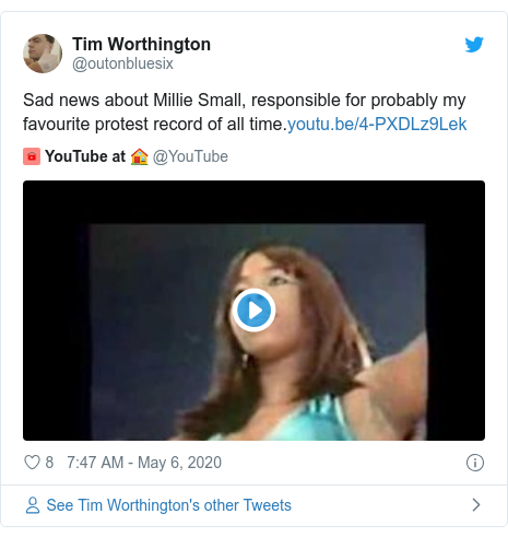 Twitter post by @outonbluesix: Sad news about Millie Small, responsible for probably my favourite protest record of all time.