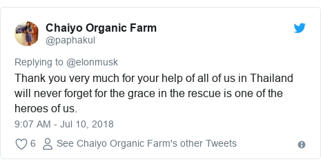 Twitter post by @paphakul: Thank you very much for your help of all of us in Thailand will never forget for the grace in the rescue is one of the heroes of us.