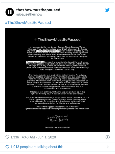 Twitter post by @pausetheshow: #TheShowMustBePaused 