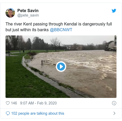 Twitter post by @pete_savin: The river Kent passing through Kendal is dangerously full but just within its banks @BBCNWT 
