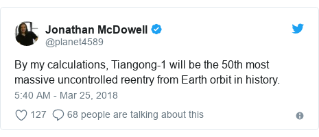Twitter post by @planet4589: By my calculations, Tiangong-1 will be the 50th most massive uncontrolled reentry from Earth orbit in history.