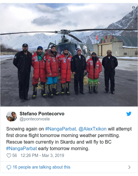 Twitter post by @pontecorvoste: Snowing again on #NangaParbat. @AlexTxikon will attempt first drone flight tomorrow morning weather permitting. Rescue team currently in Skardu and will fly to BC #NangaParbat early tomorrow morning. 