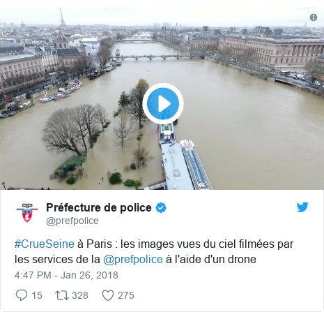 Twitter post by @prefpolice: #CrueSeine à Paris les images vues du ciel filmées par les services de la @prefpolice à l'aide d'un drone 