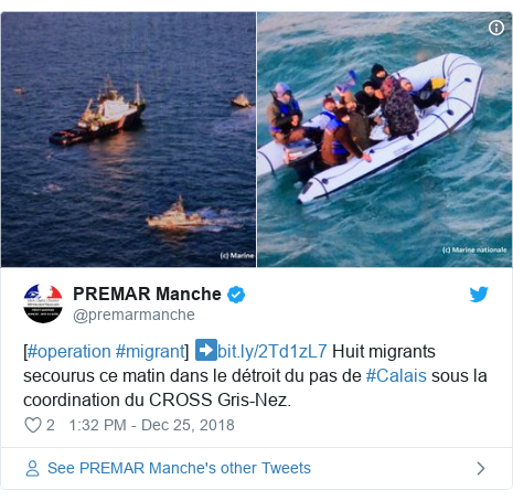 Twitter post by @premarmanche: [#operation #migrant] ➡️ Huit migrants secourus ce matin dans le détroit du pas de #Calais sous la coordination du CROSS Gris-Nez. 